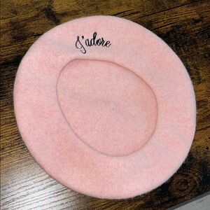 100% Wool Pink Beret with Embroidered J'adore Detail